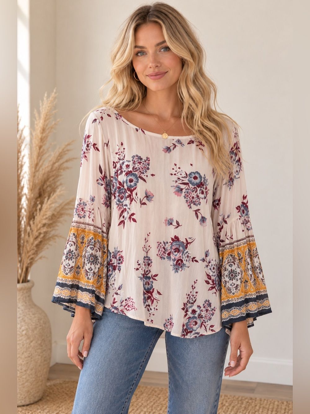 ivy jane Cream Floral Bell Sleeve Tunic with Yellow Trim